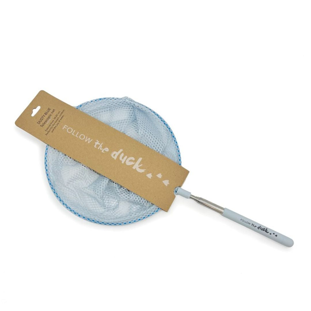 Telskop fiskenet i lyseblå, set i indpakning på hvid baggrund, fås hos Nordic Simply