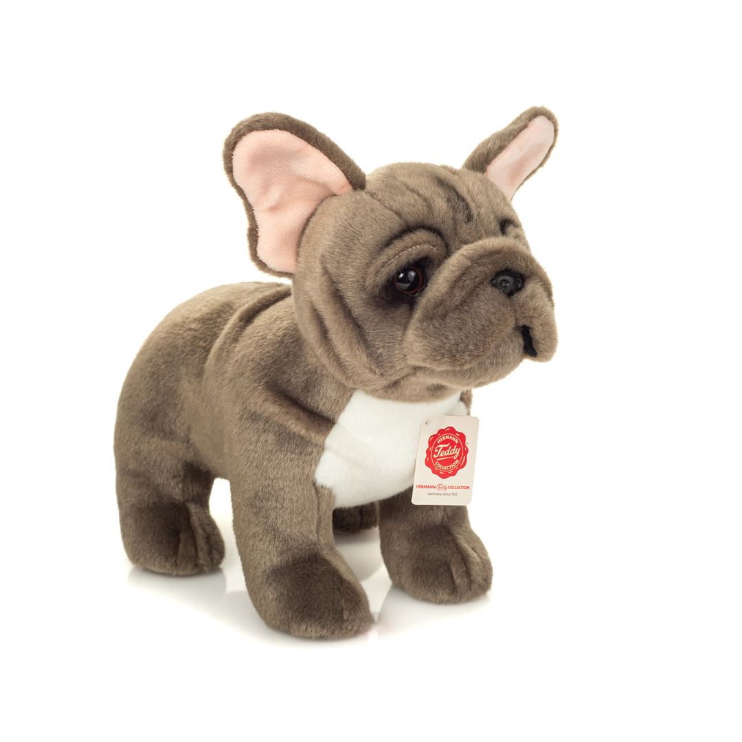 Fransk Bulldog bamse i grå, står op som en ægte hund fra Teddy Hermann, perfekt til leg og kram.