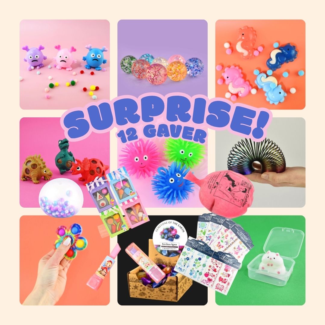 Squishies, fidgets og dimseting i kasse med 12 gaver til pige fra Nordic Simply
