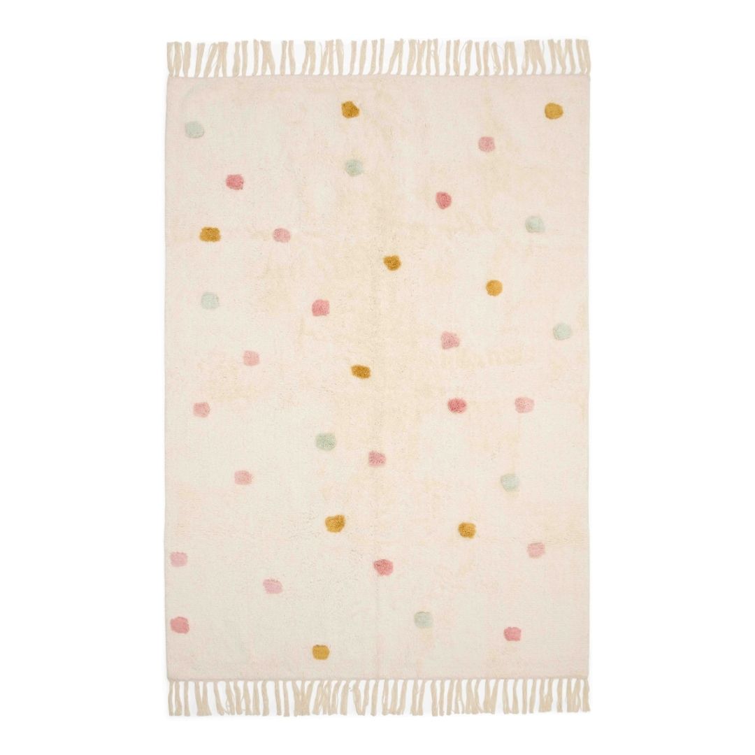 Gulvtæppe prikker beige, økologisk bomuld med farverige prikker i rosa, blå og okkergul.