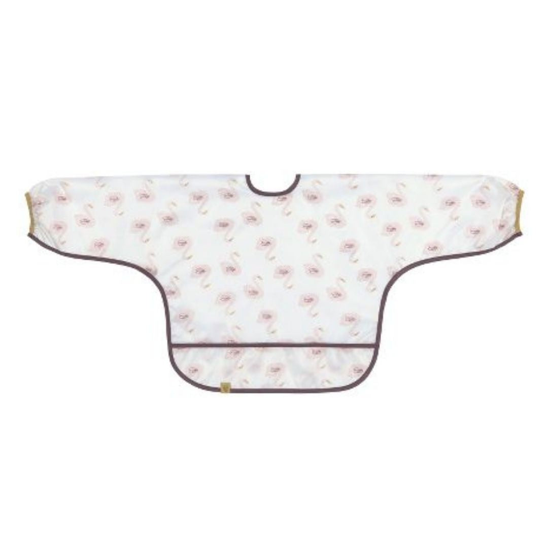 Hvid hagesmæk med lange ærmer og rosa svaner til baby og barn fra Lässig fås hos Nordic Simply