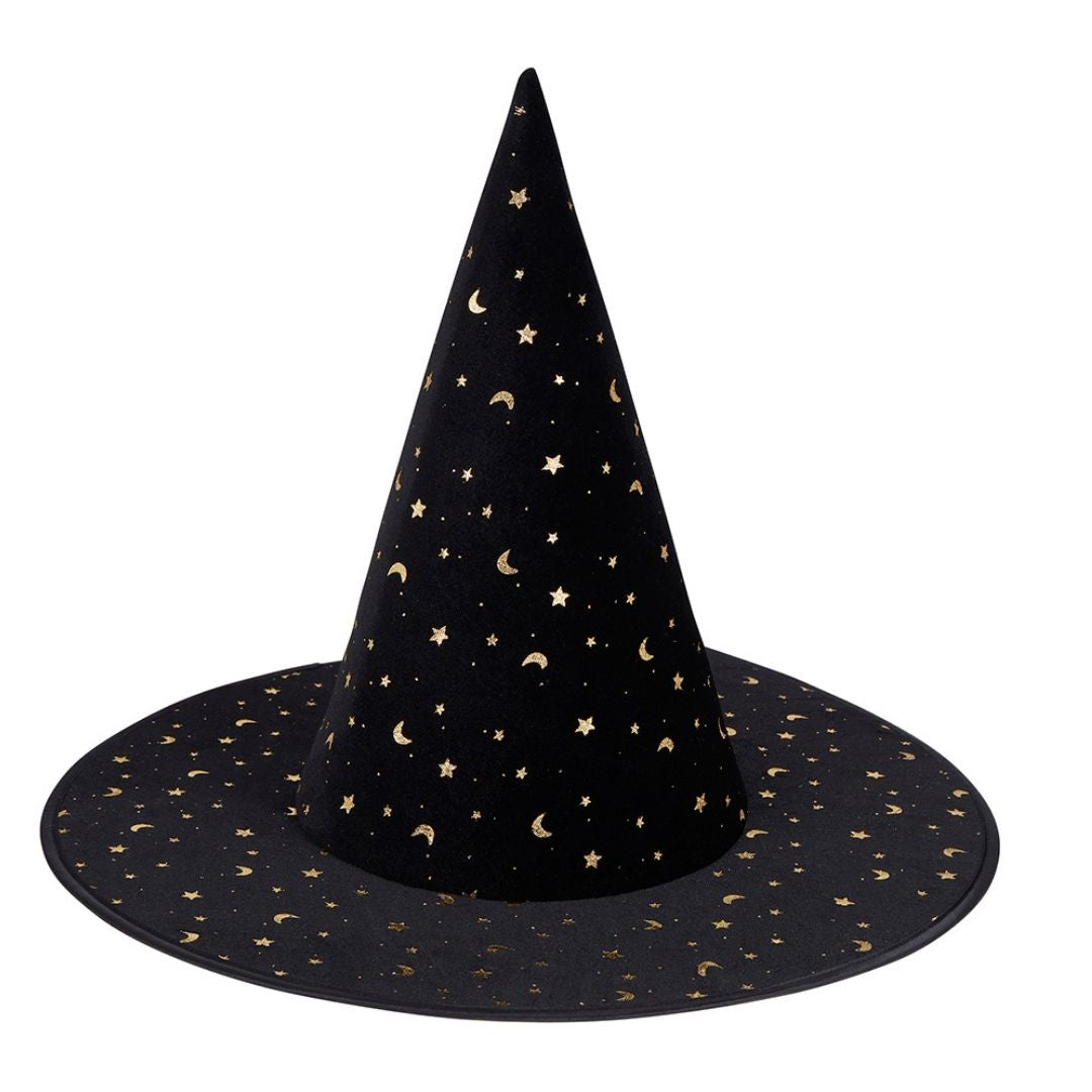 Høj sort heksehat i velour med guldstjerner og måner til børn fra 3 år og op, fra Mimi & Lula fås hos Nordic Simply