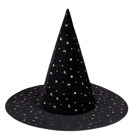Høj sort heksehat i velour med guldstjerner og måner til børn fra 3 år og op, fra Mimi & Lula fås hos Nordic Simply
