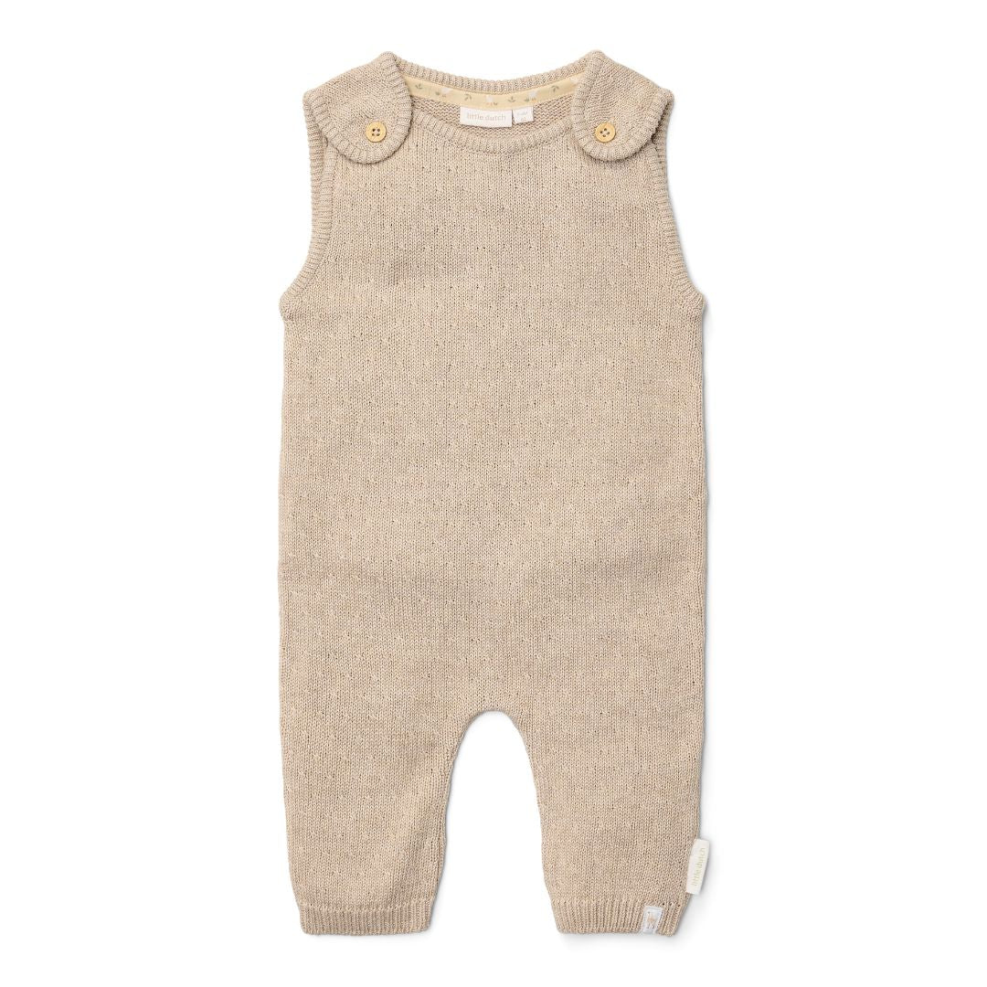 Strikket beige heldragt til baby uden ærmer, med lange ben, blød bomuld fra Little Dutch
