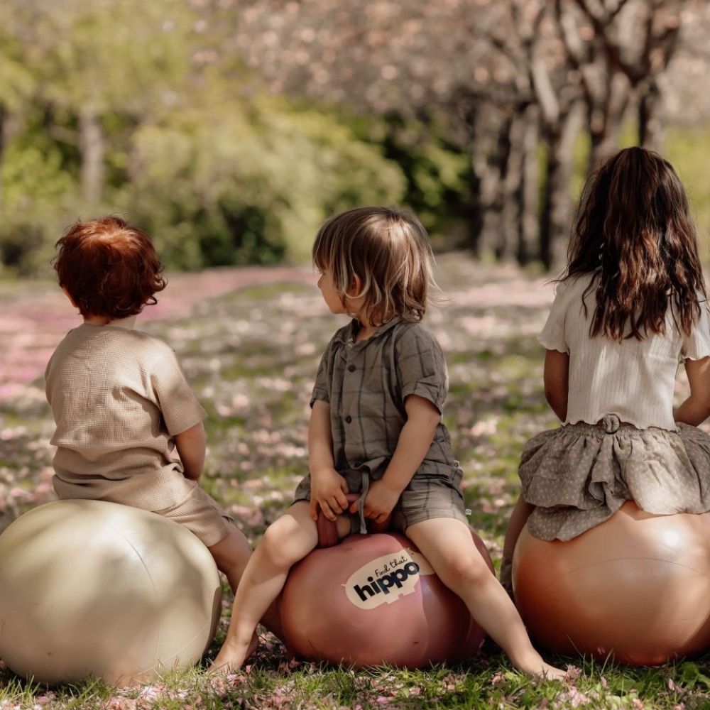 Børn leger i en park på hoppebolde fra Find that Hippo fås hos Nordic Simply til sjov, aktiv leg og motorisk træning