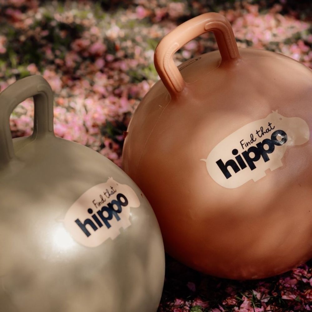 orange og grøn hoppebold fra Find that Hippo står ude på en eng med rosa blomster