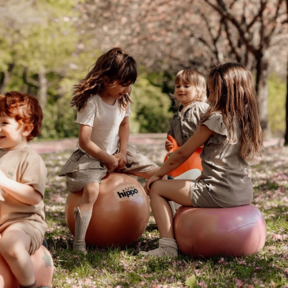 Børn leger i en park på rosa og orange hoppebolde fra Find that Hippo til sjov, aktiv leg og motorisk træning