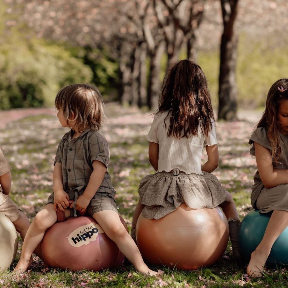 Børn leger i en park på rosa, orange og blå hoppebolde fra Find that Hippo til sjov, aktiv leg og motorisk træning, fås hos Nordic Simply