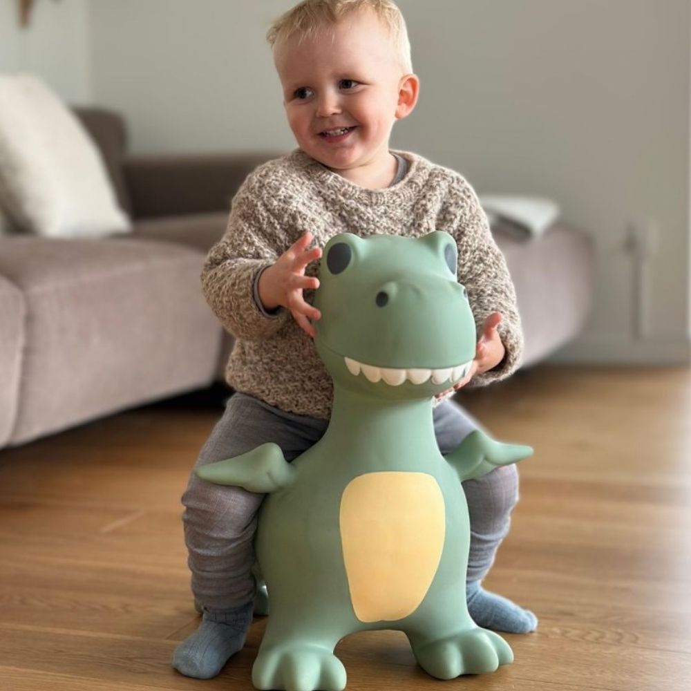 dreng på støvet grøn dino hoppedyr i stue fra Find that Hippo hos Nordic Simply