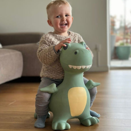 dreng ler imens han rider på på støvet grøn dino hoppedyr i stue fra Find that Hippo fås hos Nordic Simply