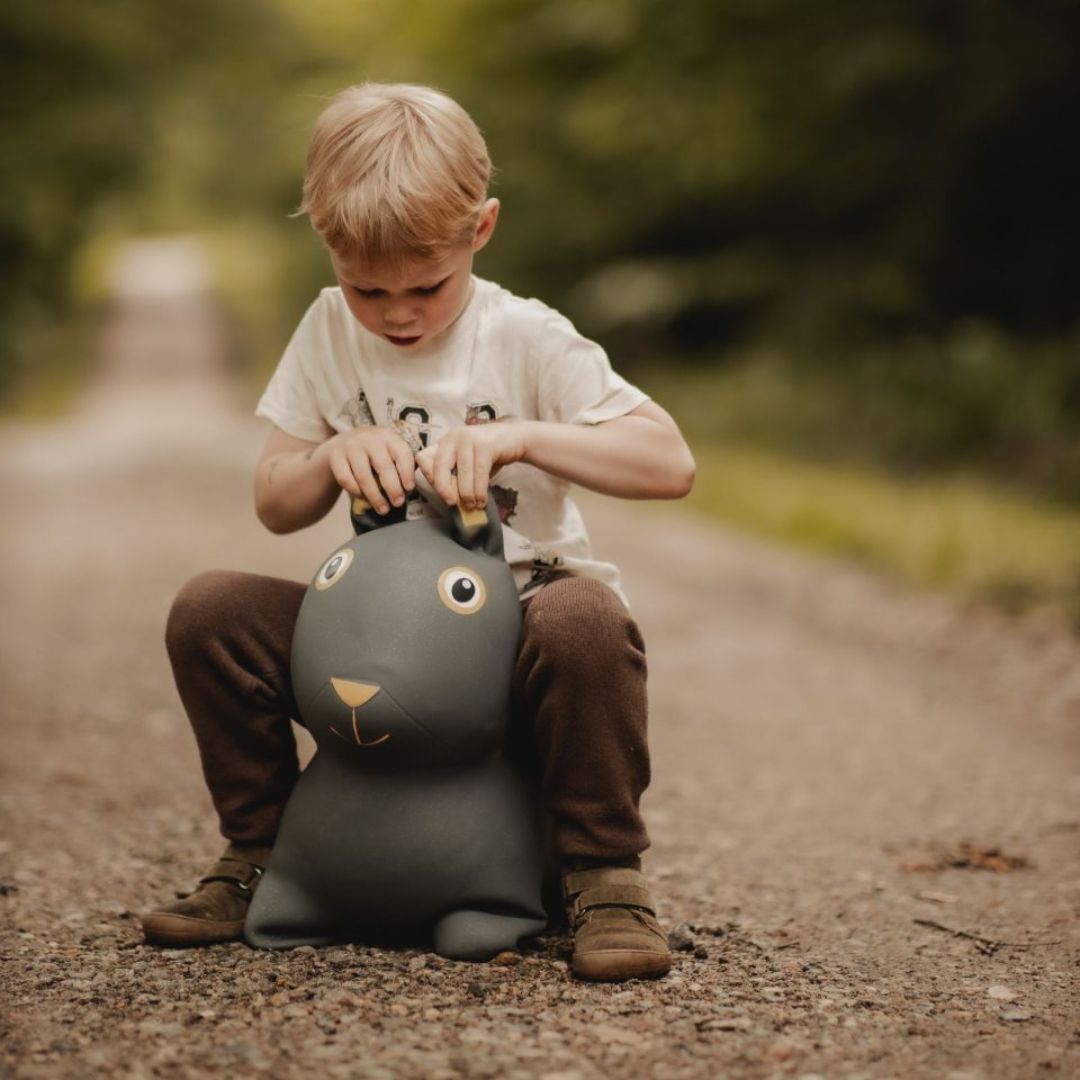 Dreng på sjovt gråt kanin hoppedyr med store ører, klar til eventyr i naturen. Ideel til børn fra 2 år.