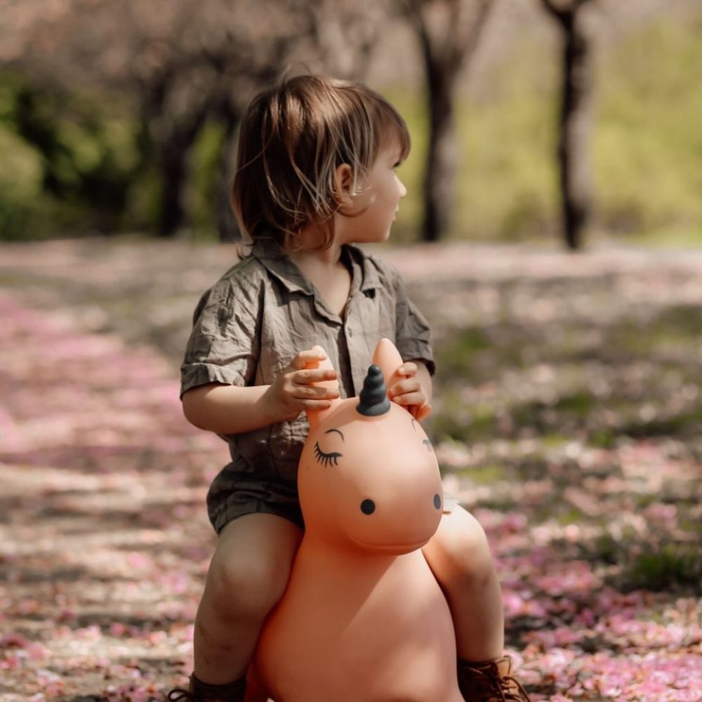 barn siddder på rosa enhjørning hoppedyr fra Find That Hippo udendørs i skovbund, fås hos Nordic Simply