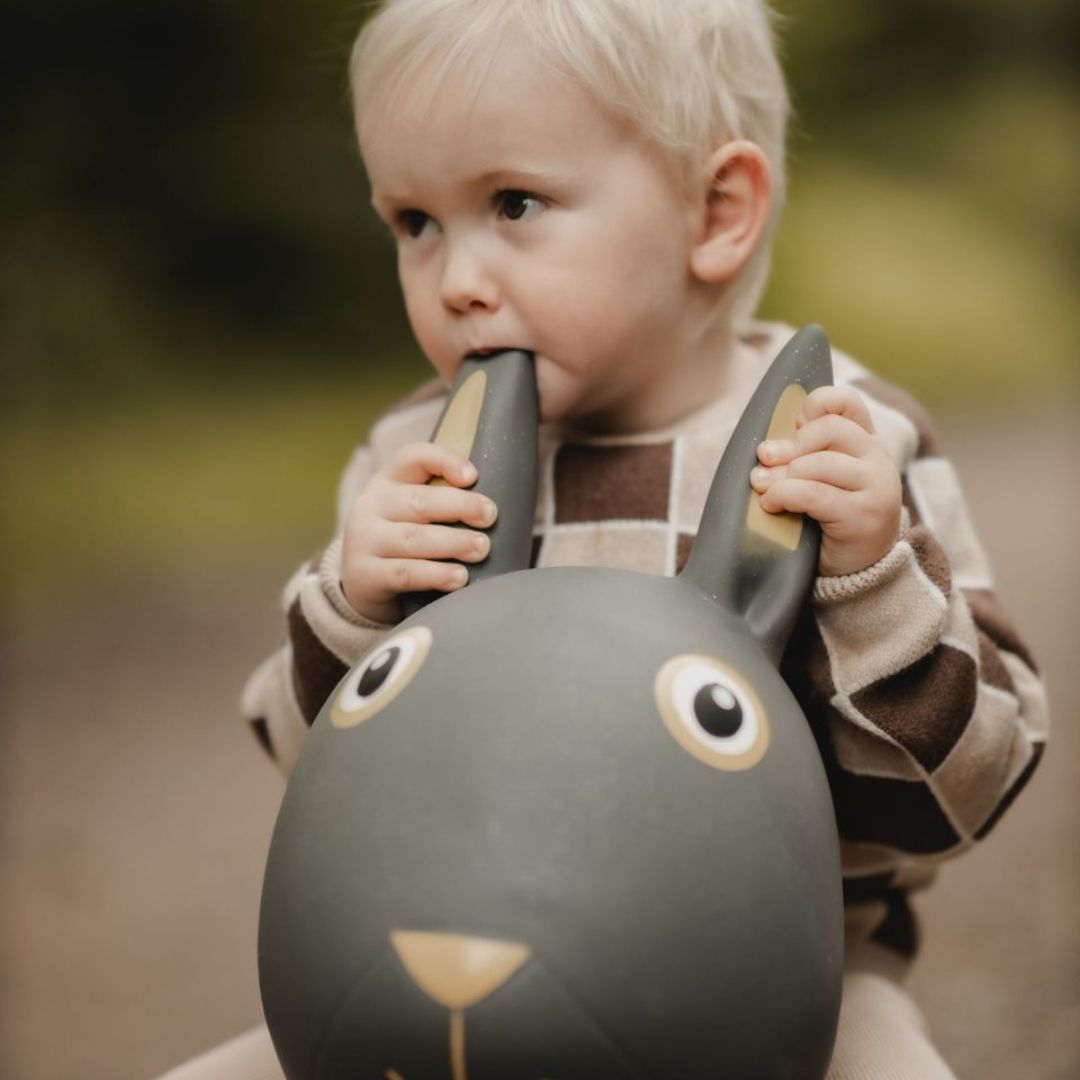 Lille barn bider i øre på sjovt gråt kanin hoppedyr i naturen, træner balance og motorik.