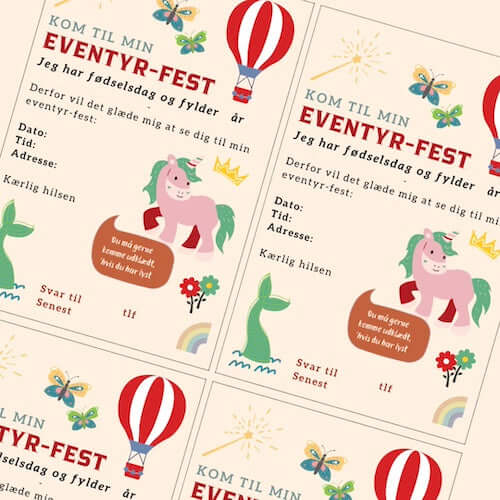 Fødselsdagsinvitationer med enhjørning til eventyr tema fødselsdag, som tilkøb til skattejagt i eventyr-tema print-selv hos Nordic Simply