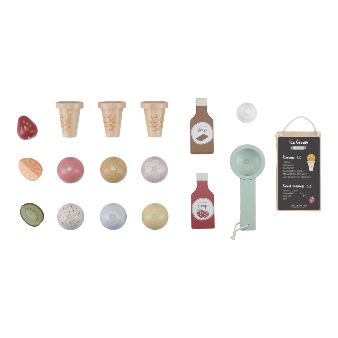Træ isbutik til børn fra Little Dutch med vafler og is, fås hos Nordic Simply. Perfekt legesæt med masser af udstyr.