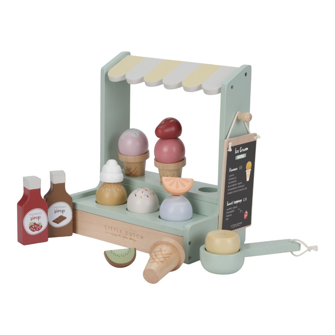 Farverig isbutik i træ fra Little Dutch med fantasifulde isvafler, perfekt til børns kreative leg, fås hos Nordic Simply