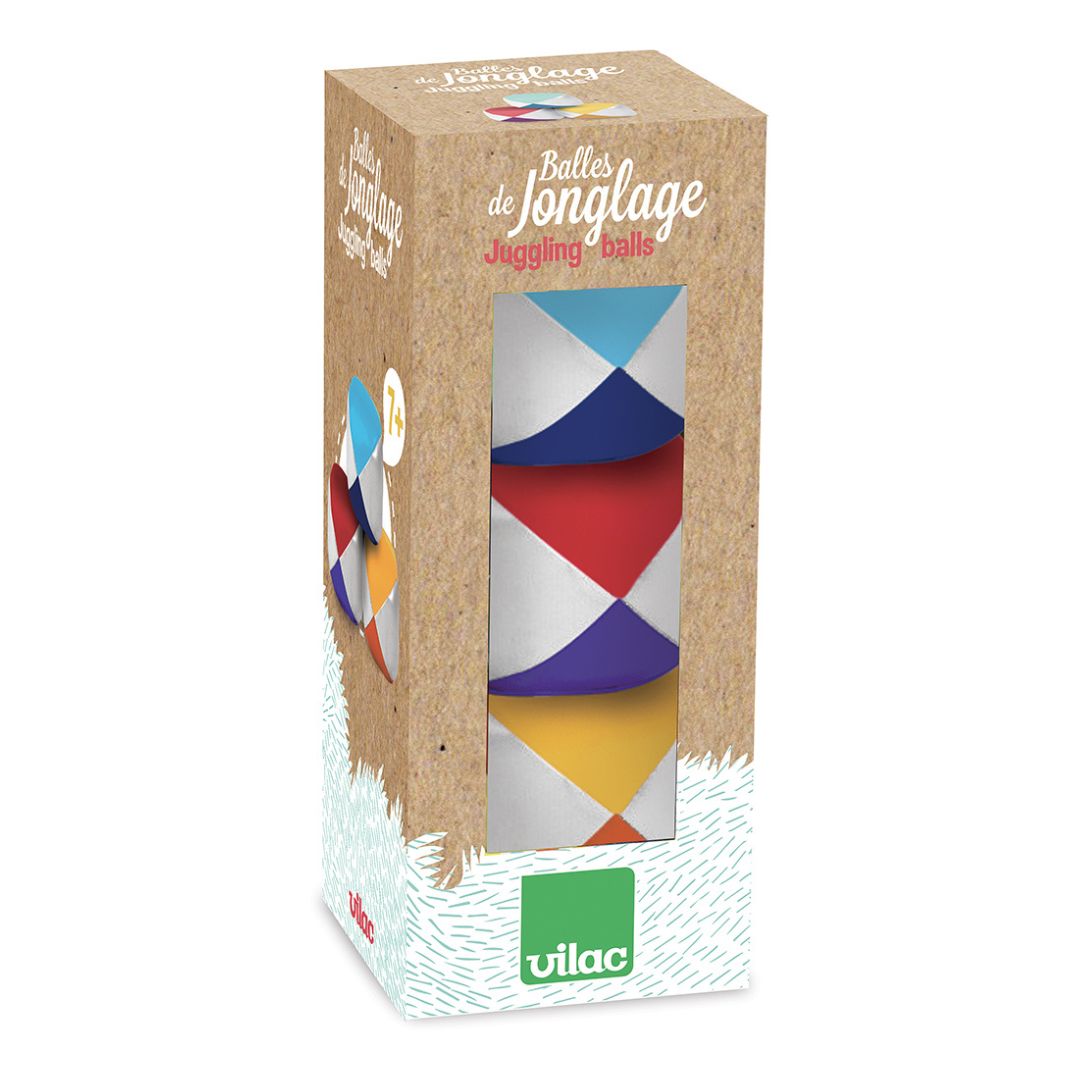 3 jonglørbolde i æske, klare farver, gode til børn fra 5 år og op fra Vilac fås hos Nordic Simply