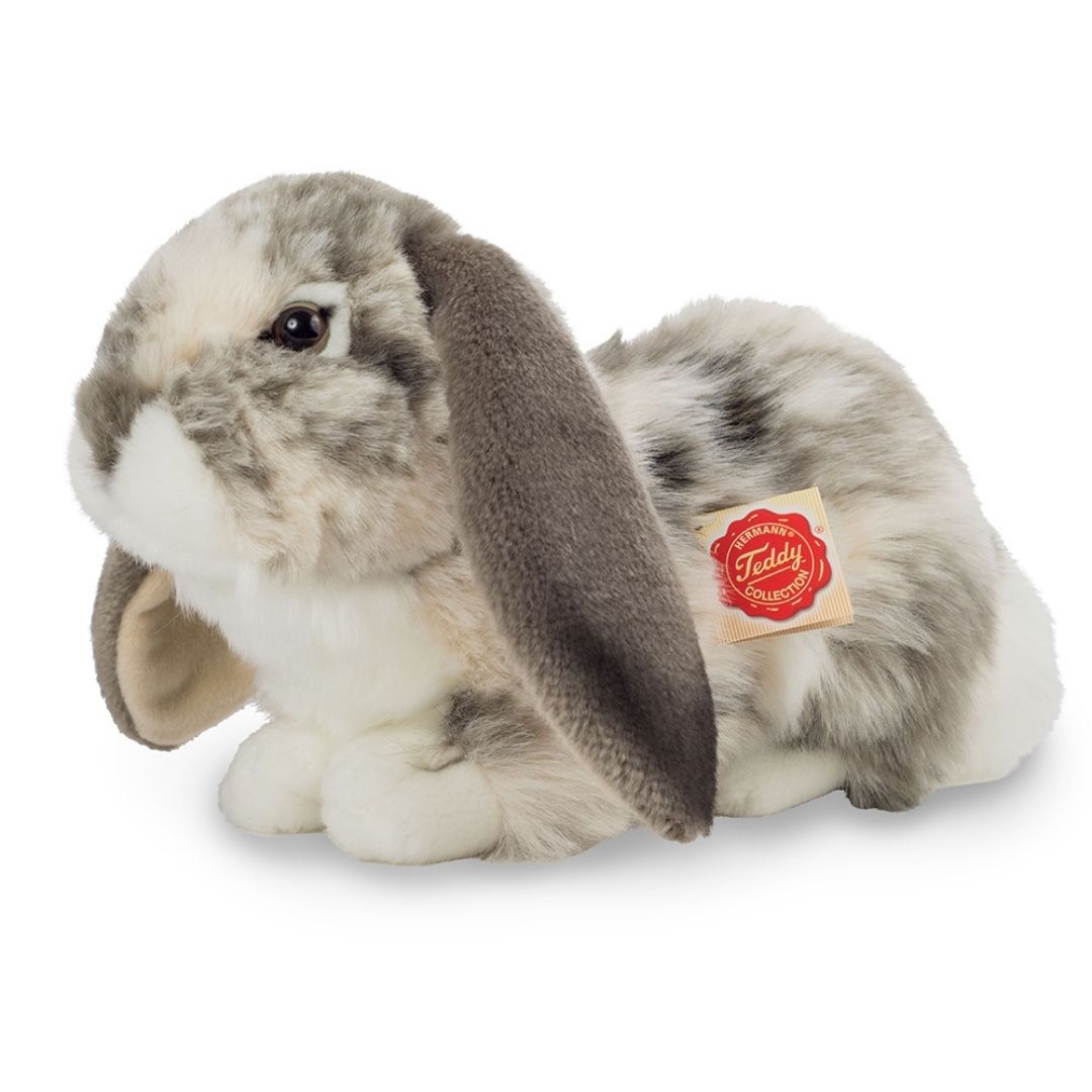 Grå-hvid vædder-kanin bamse med hængeører, ligner ægte kanin - perfekt til rolle- og fantasileg, fra Teddy Hermann fås hos Nordic Simply