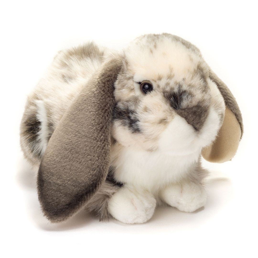 Grå-hvid vædder kanin bamse, ligner ægte kæledyr - perfekt til rolle- og fantasileg, fra Teddy Hermann fås hos Nordic Simply