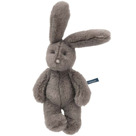 Grå kaninbamse med blød øko-tex® certificeret pels og lange ører fra Moulin Roty, godkendt fra 0 år. Perfekt som barselsgave fås hos Nordic Simply