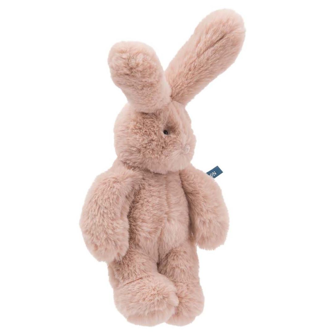 Rosa kaninbamse med blød øko-tex® certificeret pels og lange ører i høj kvalitet fra Moulin Roty, godkendt fra 0 år, her set fra siden. Perfekt som barselsgave fås hos Nordic Simply