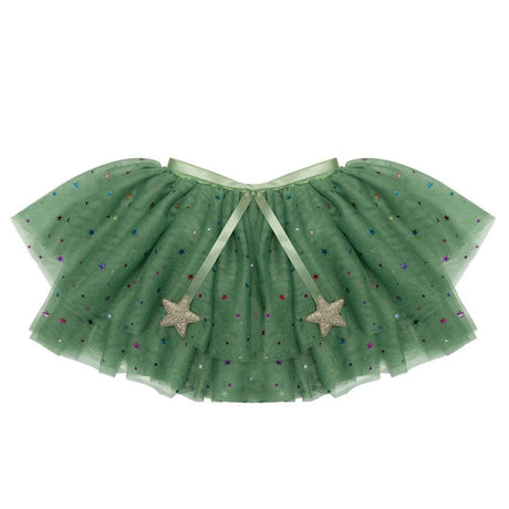 Kort grøn kappe i tyl med flere lag, bindebånd med guldstjerner og masser af små stjerner i stoffet, perfekt til udklædning, fra Mimi & Lula fås hos Nordic Simply