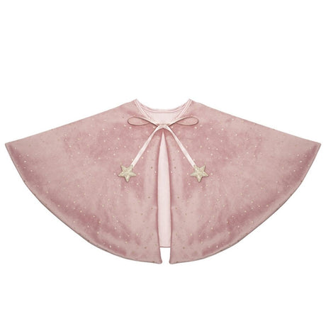Kort rosa kappe i velour med små guldstjerner, bindebånd i rosa satin og knaplukning, smuk udklædning til børn fra 3 år og op fra Mimi & Lula fås hos Nordic Simply