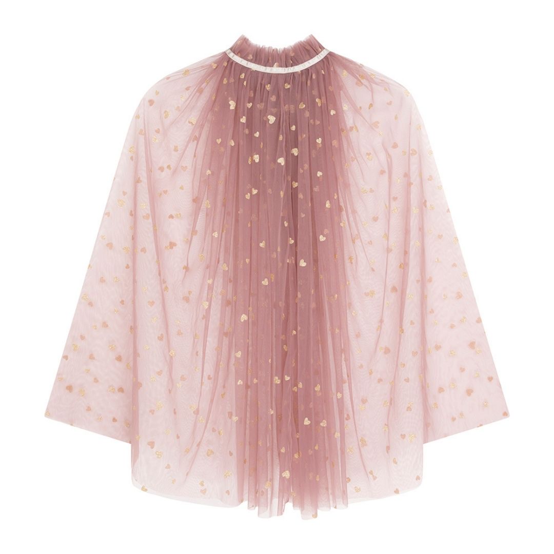 Lang rosa kappe i tyl med bindebånd i satin, knaplukning og små guldstjerner, set bagfra, smuk udklædning i høj kvalitet, til børn fra 3 år og op, fra Mimi & Lula fås hos Nordic Simply