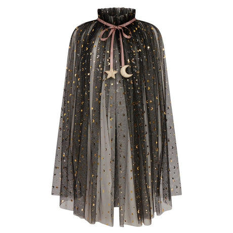 Lang sort kappe i tyl med rosa satinbindebånd , knaplukning og små guldstjerner og måner, smuk udklædning til børn fra 3 år og op fra Mimi & Lula fås hos Nordic Simply