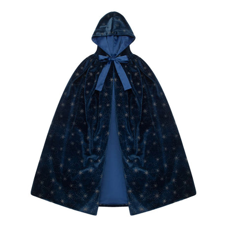 Lang blå velour kappe med hætte, dekoreret med stjerner og grå satinbånd, perfekt til børns udklædning.