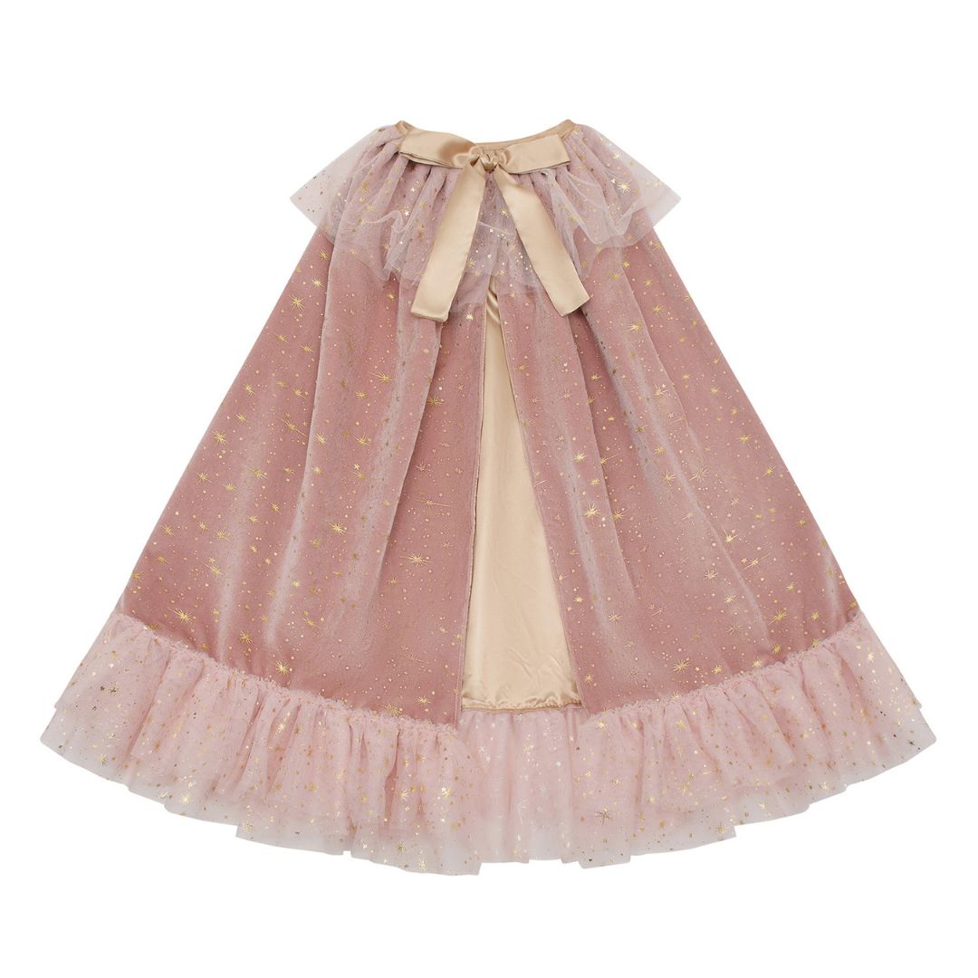 Lang rosa kappe i fed velour med guldstjerner, tyl foroven og neden og bindebånd i guld. Magisk kappe til barn 3-8 år i høj kvalitet fra Mimi & Lula.