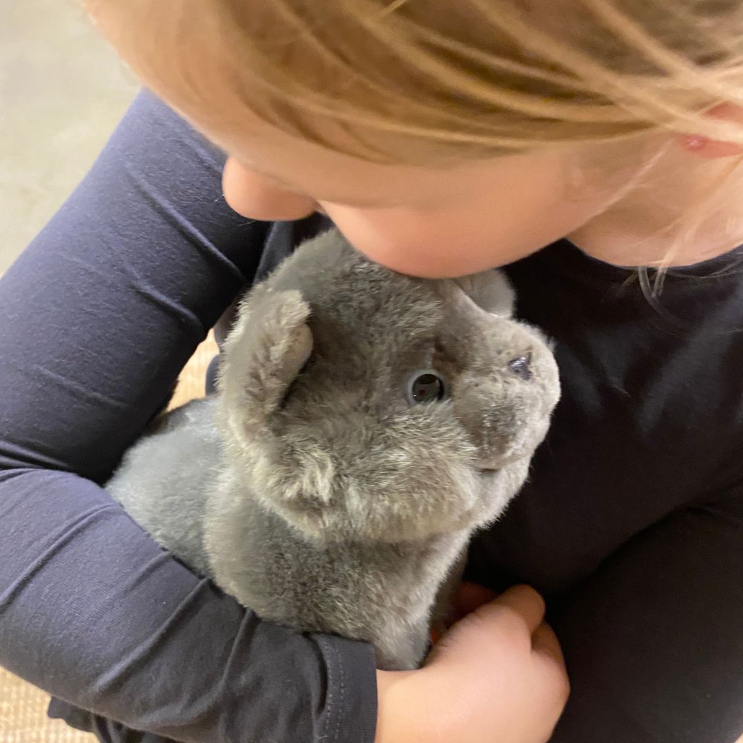 Barn med grå karteuser kattebamse fra Teddy Hermann hos Nordic Simply