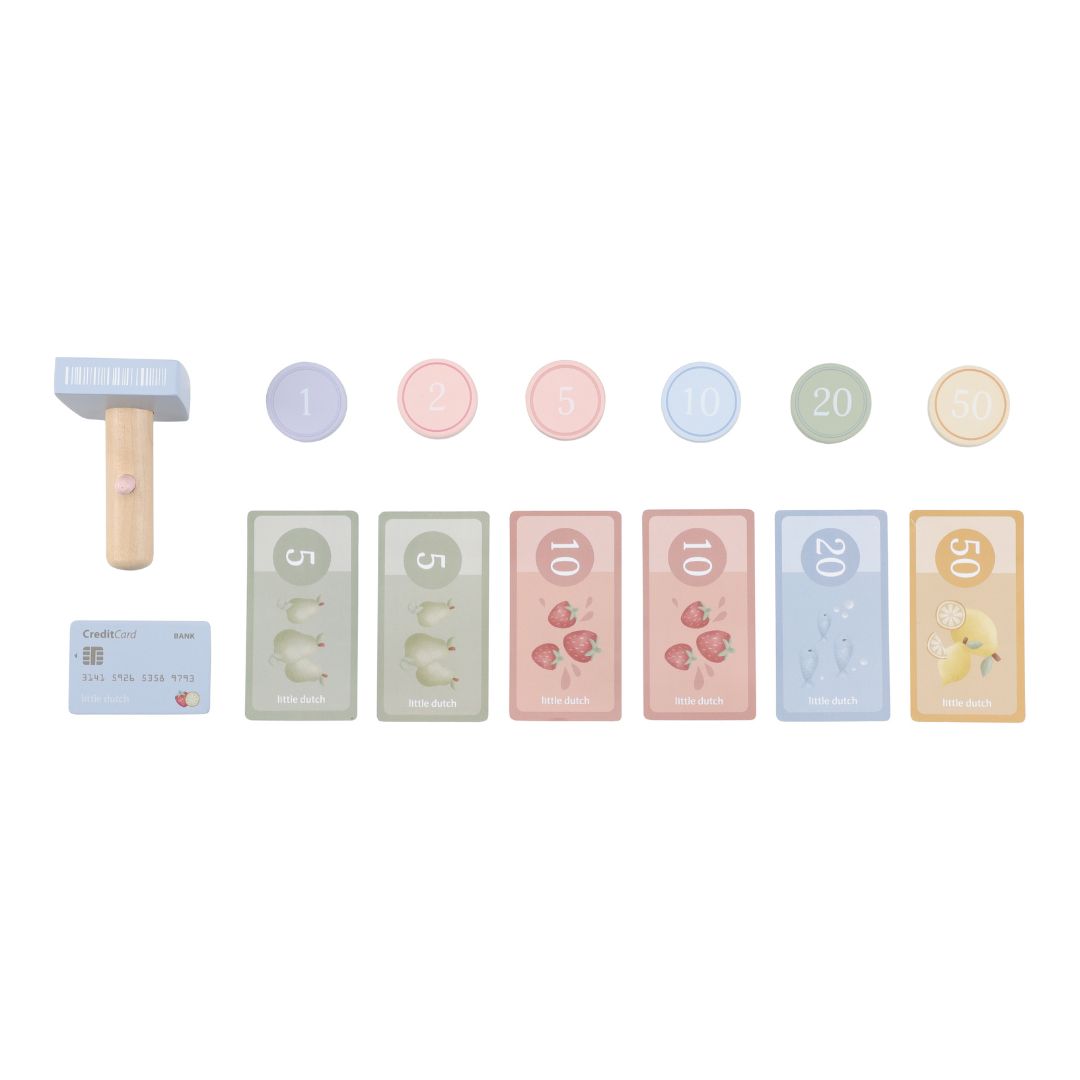 Sød kasseapparat til børn: Little Dutch legesæt med mønter, sedler og kreditkort til rolleleg.