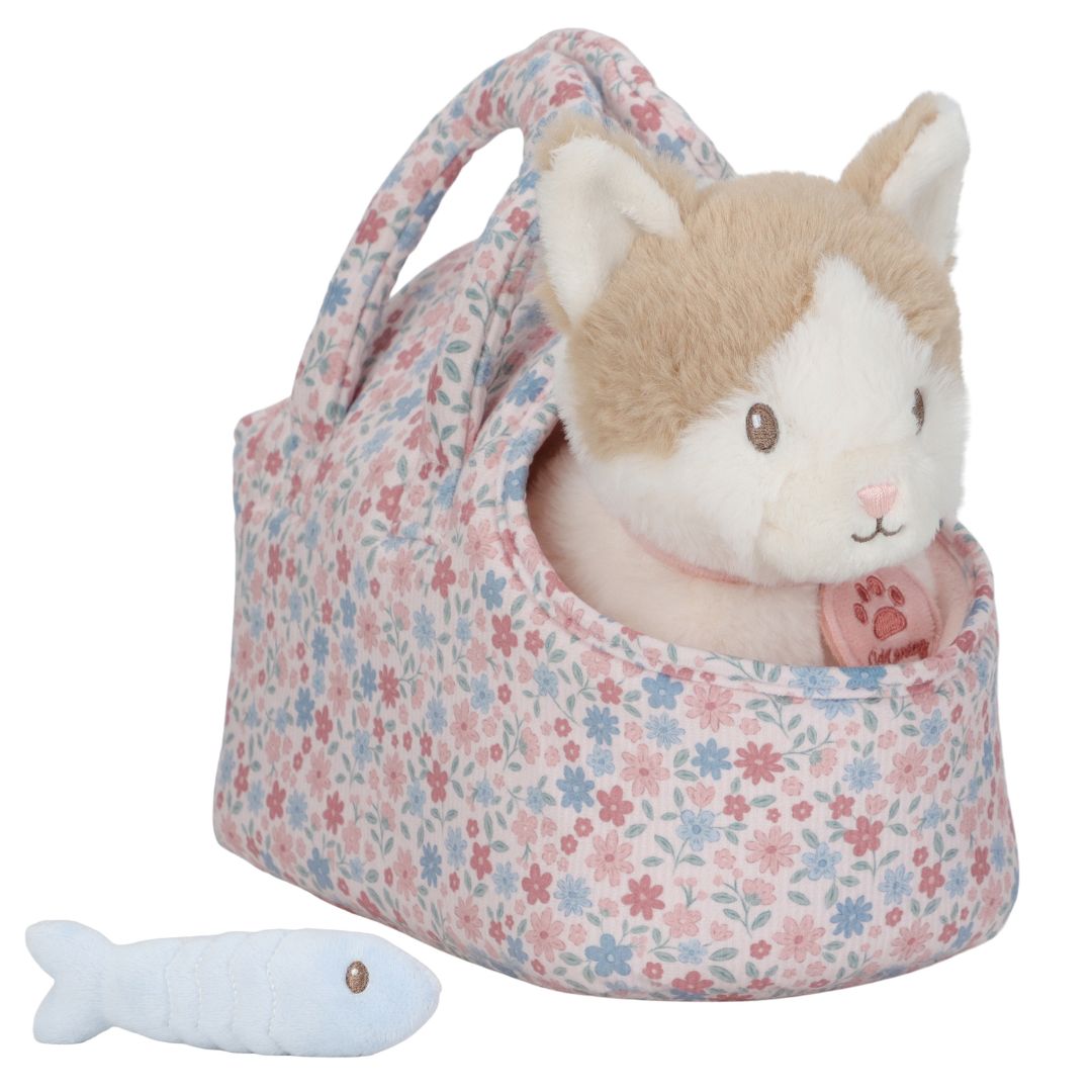 Kat bamse, Marley med taske og tilbehør - sød plyskat i blomstertaske, klar til eventyr med en fisk.