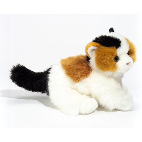 Flerfarvet kattekilling bamse i hvid, rød og sort fra Teddy Hermann, set fra siden, perfekt til fantasi og rolleleg, ligner ægte kattekilling.