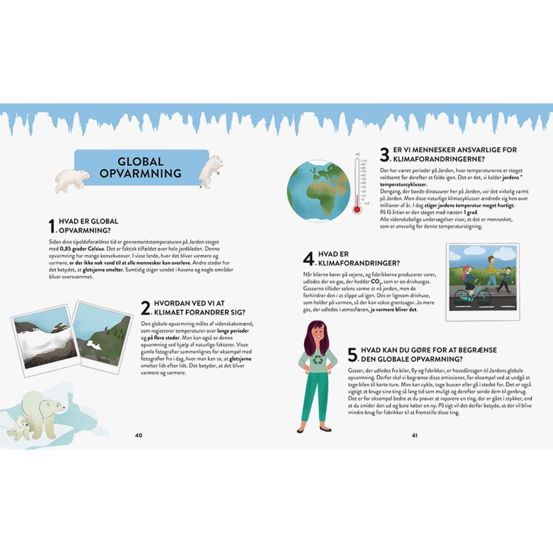 Side fra klimabog til børn, der beskriver klimaforandringer i børnehøjde, fås hos Nordic Simply