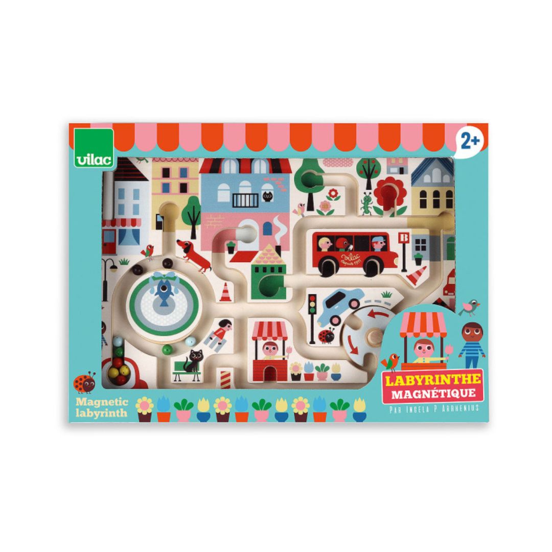 Æske med labyrintspil med magneter og motiver af byen, perfekt til finmotorik og fordybelse til børn fra 2 år og op fra Vilac