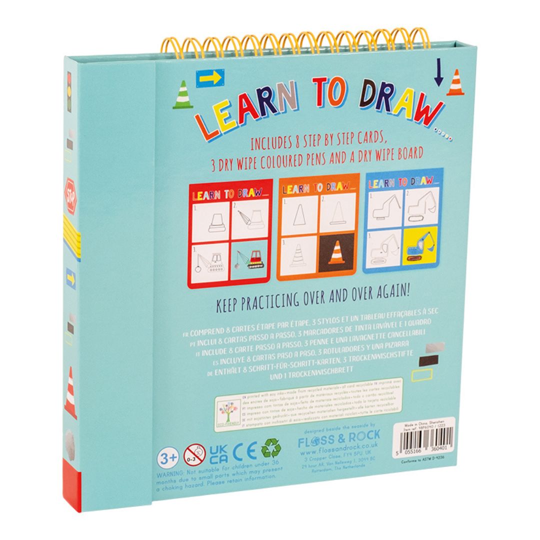 lær at tegne bog med spiralryg og motiver af byggeplads og maskiner fra Floss & Rock, set bagfra, fås hos Nordic Simply