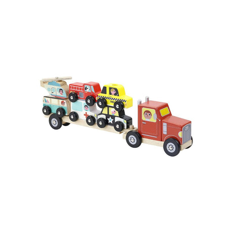 Rød lastbil i træ med anhænger og 6 køretøjer stablet på ladet, fra Vilac fås hos Nordic Simply