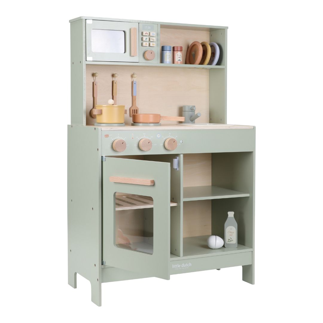 Legekøkken i træ fra Little Dutch, komplet med mikroovn, pander og udstyr til børns rolleleg som kok.