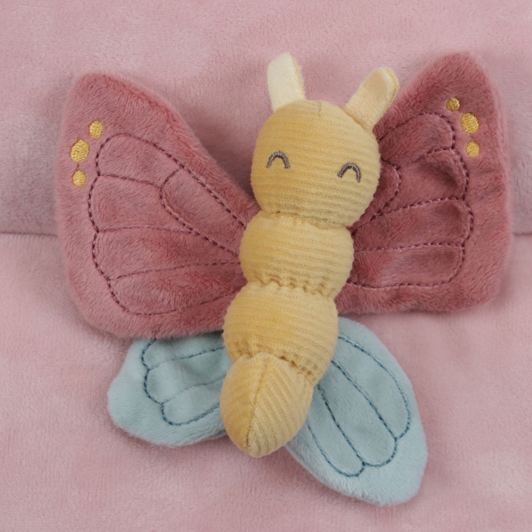 Legetæppe til baby med aktiviteter at opdage og sanse, rosa legetæppe, her ses sommerfugl, god til baby fra 0 måneder, fra Little Dutch