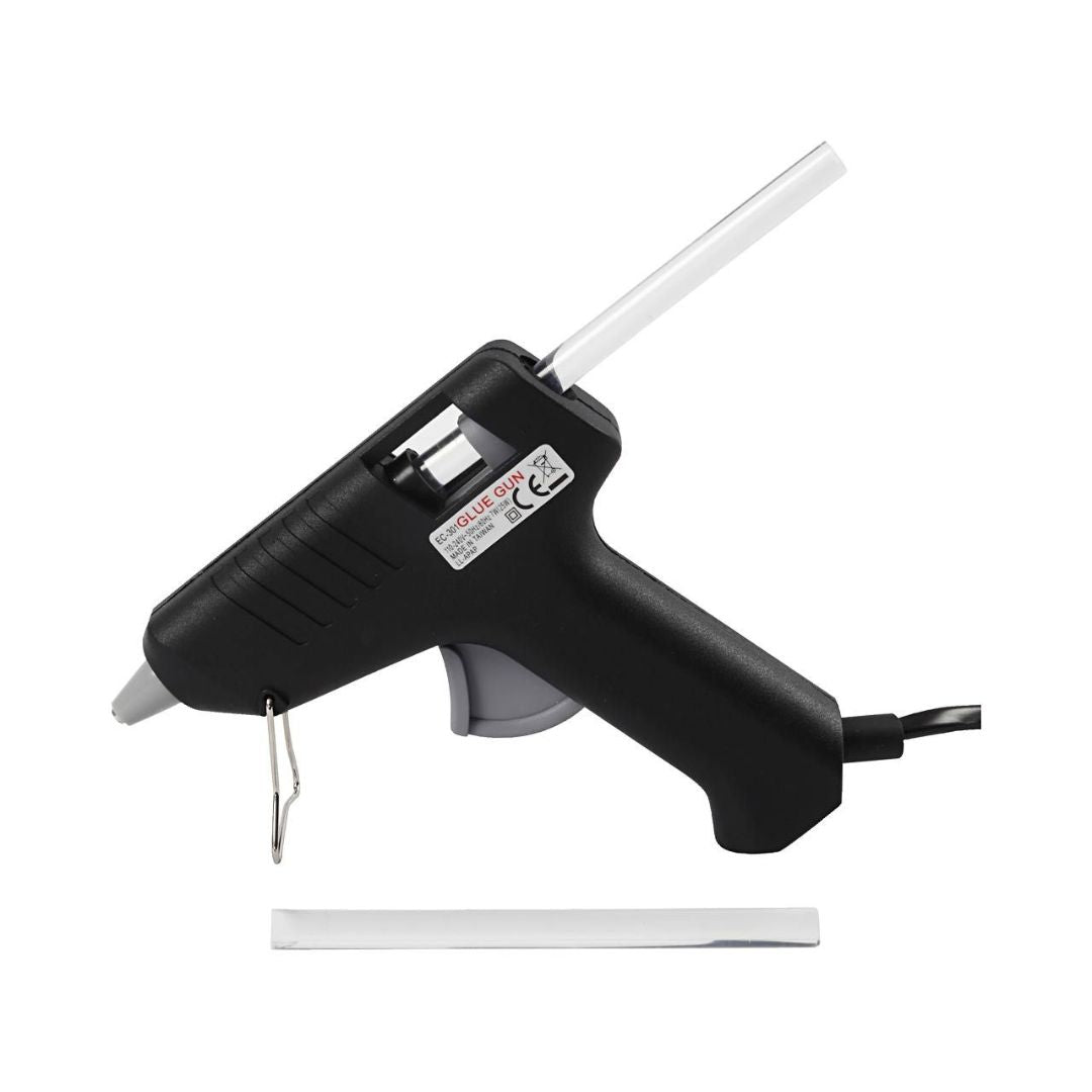 Limpistol mini, farve sort, set med limstang i og limstang ved siden af. Perfekt til kreative projekter