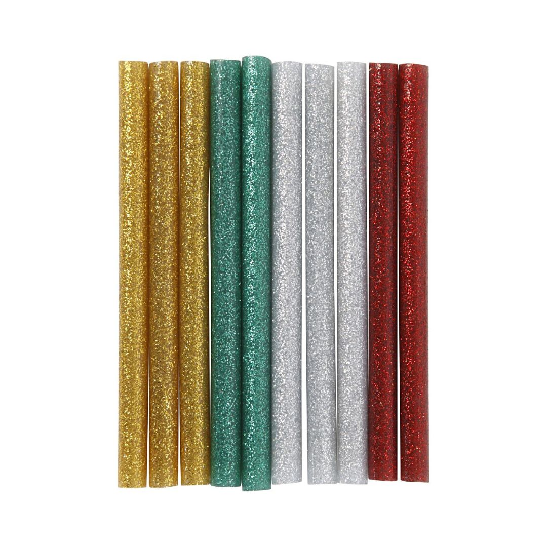 10 stk limstænger med glitter i guld, grøn. sølv og rød. Måler 10 cm l og 7 mm ø. Passer til limpistol mini.