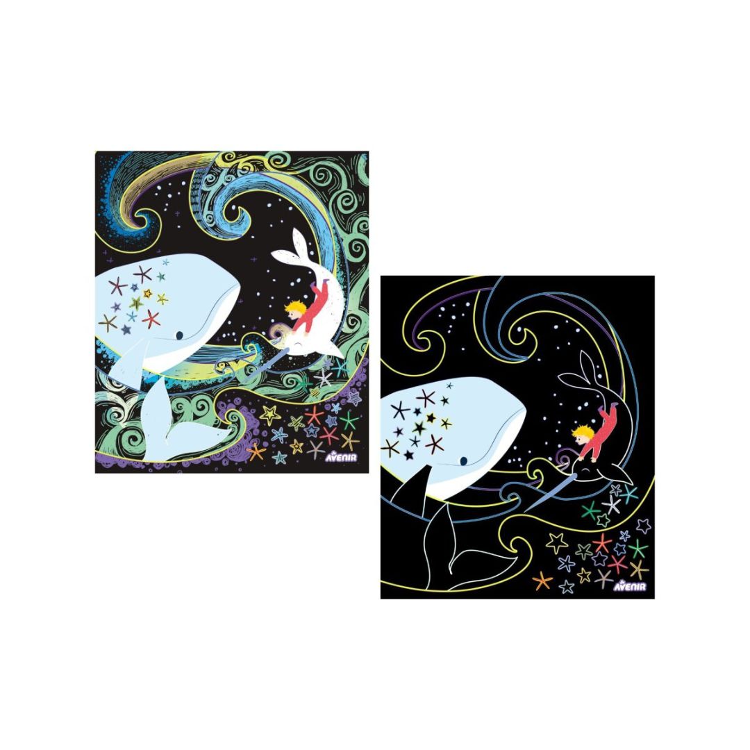 scratch ark med hval fra Min magiske Rejse lysboks, som dit barn selv kan lave til værelset - kreativt legetøj fra Avenir fås hos Nordic Simply