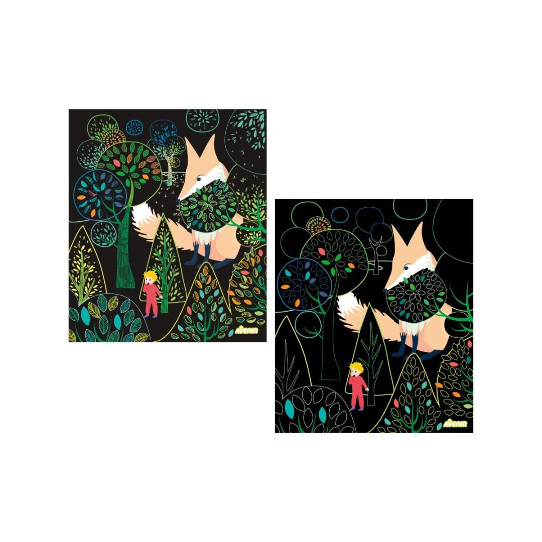 skrabe ark med ræv fra Min magiske Rejse lysboks, som dit barn selv kan lave til værelset - kreativt legetøj fra Avenir fås hos Nordic Simply