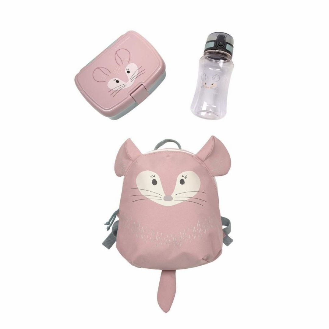 Madpakkesæt med rosa madkasse og drikkedunk med chinchilla fra Lässig , her set sammen med rygsæk med chinchilla i samme serie