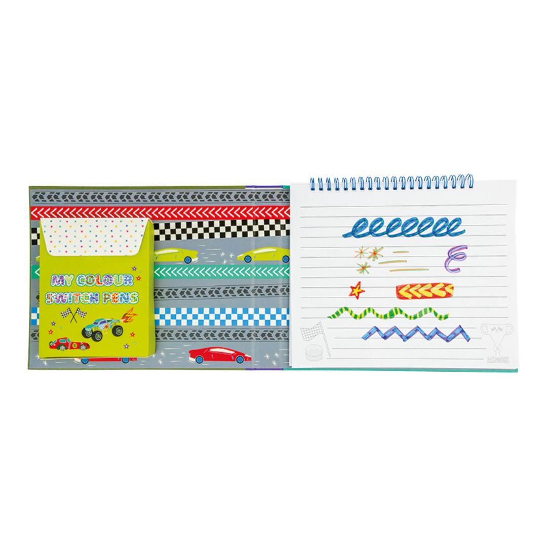 Magisk malebog med biler og køretøjer, tryllepen og farverige illustrationer til kreativ leg. Godt rejselegetøj