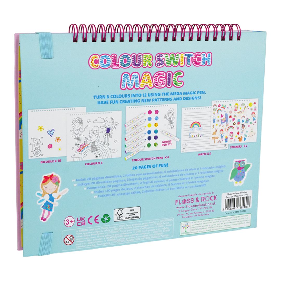 Bagside af magisk malebog regnbuer og feer, tryllepen og farverige illustrationer til kreativ leg, godt rejelegetøj til bilferie og flyrejse