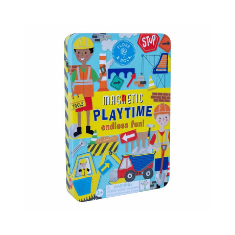 Magnetisk legesæt med byggeplads og maskiner, set bagfra, godt legetøj til fordybelse, finmotorik og på rejse med børn fås hos Nordic Simply