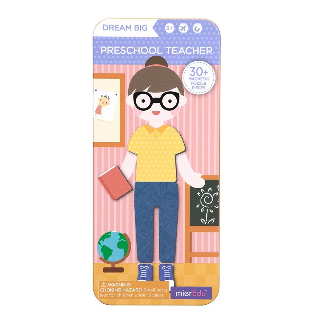 Metalæske med motiv af lærer, magnetisk legesæt med 30 magneter, perfekt legetøj til fantasi, finmotorik og fordybelse til børn fra 3 år og op, fra MierEdu fås hos Nordic Simply